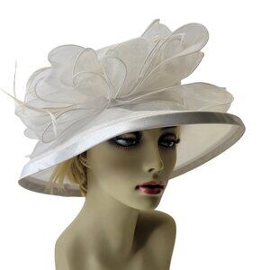 White Dress Hat Organza Crushable Bows Rosettes White Feathers Down Brim Hat